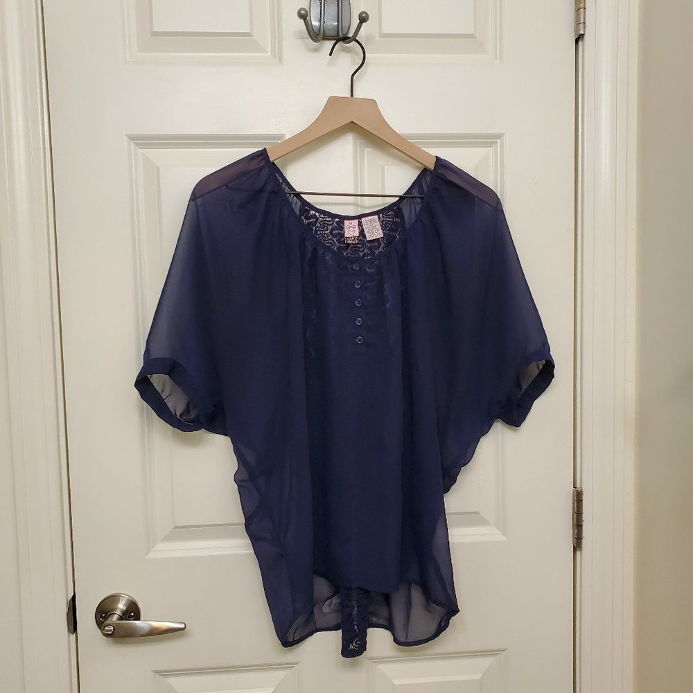 Love on a Hanger Top - Navy Blue Sheer Lace Blouse